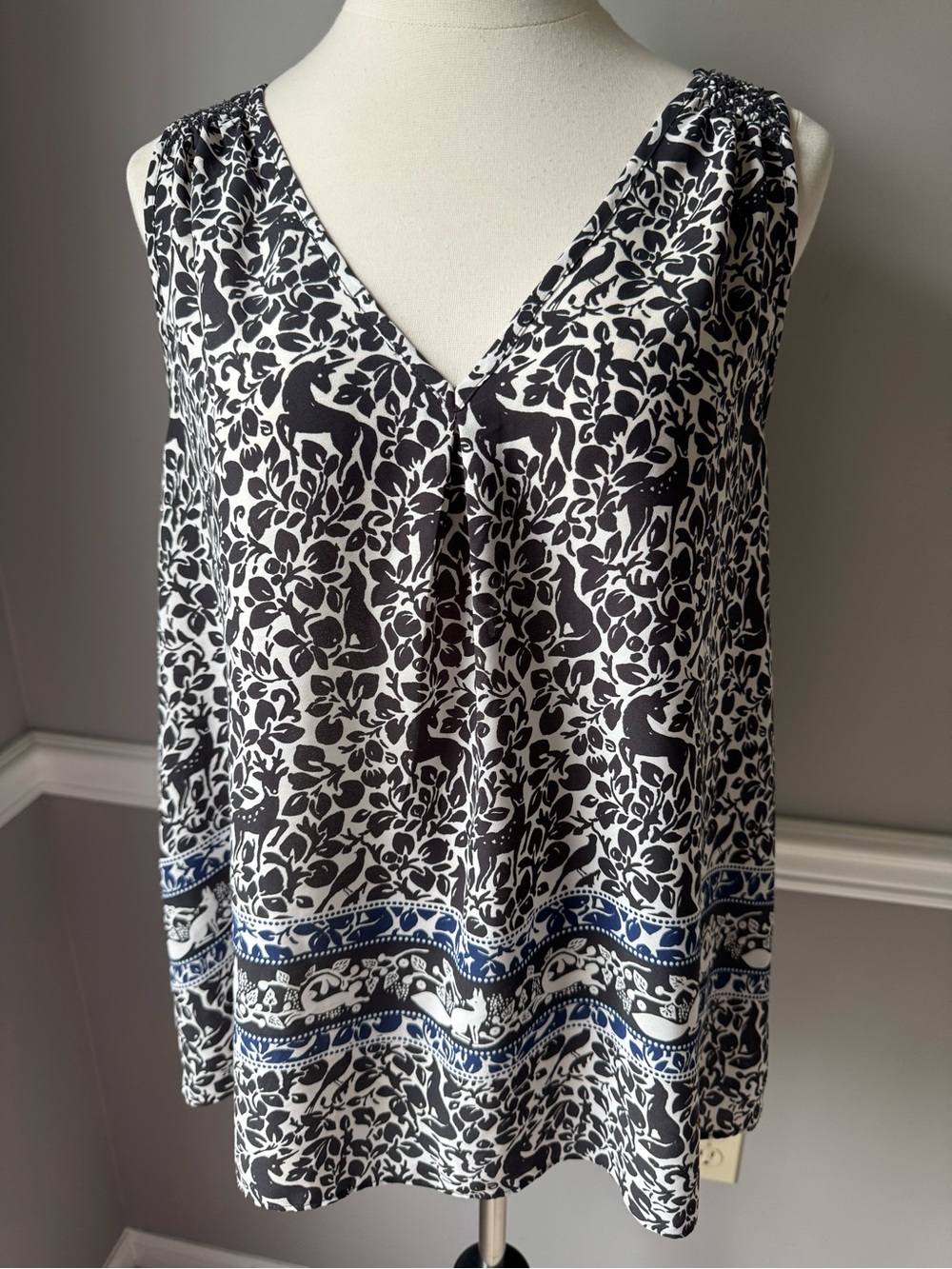 LOFT Black & White Floral V-Neck Camisole with Blue Border